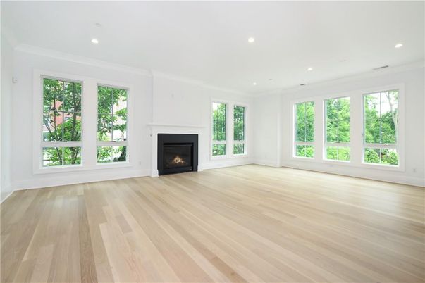Empty room, Fireplace, Interior, Recessed Lighting, Wood Texture Flooring