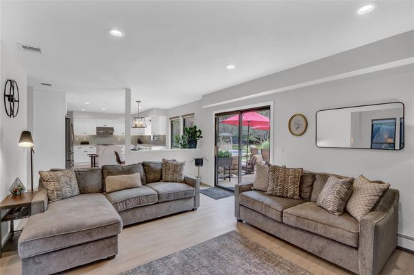 Interior, Kitchen, Living room, Pendant Lights, Recessed Lighting, Wood Texture Flooring