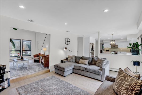 Interior, Kitchen, Living room, Pendant Lights, Recessed Lighting, Stainless Steel Appliances, Wood Texture Flooring