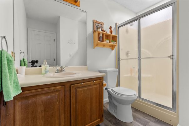 Bathroom, Glass Shower, Interior, Wood Texture Flooring