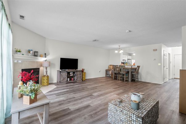 Dining room, Interior, Living room, Pendant Lights, Wood Texture Flooring