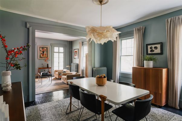 Dining room, Interior, Living room, Pendant Lights, Wood Texture Flooring