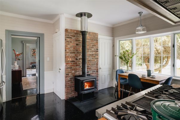 Fireplace, Interior, Kitchen, Pendant Lights, Stone Walls, Wood Texture Flooring