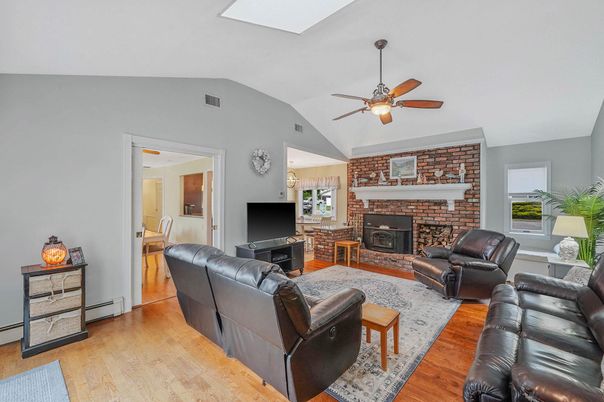 Fireplace, Interior, Living room, Stone Walls, Wood Texture Flooring