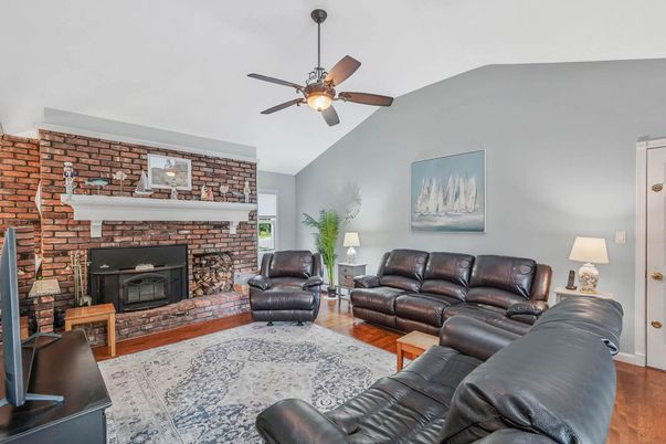 Fireplace, Interior, Living room, Stone Walls, Wood Texture Flooring