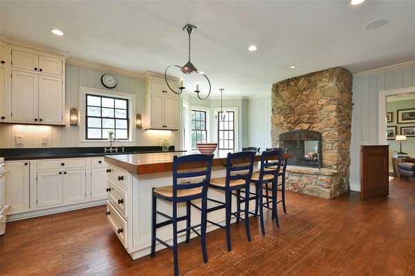 Fireplace, Interior, Kitchen, Pendant Lights, Recessed Lighting, Stone Walls, Wood Texture Flooring