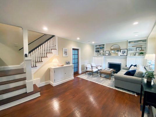 Fireplace, Interior, Living room, Recessed Lighting, Wood Texture Flooring