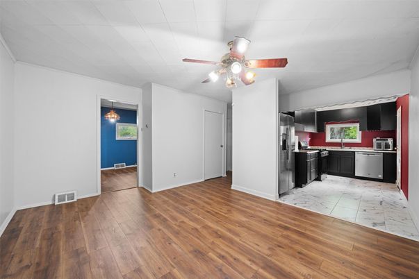 Interior, Kitchen, Marble, Pendant Lights, Stainless Steel Appliances, Wood Texture Flooring