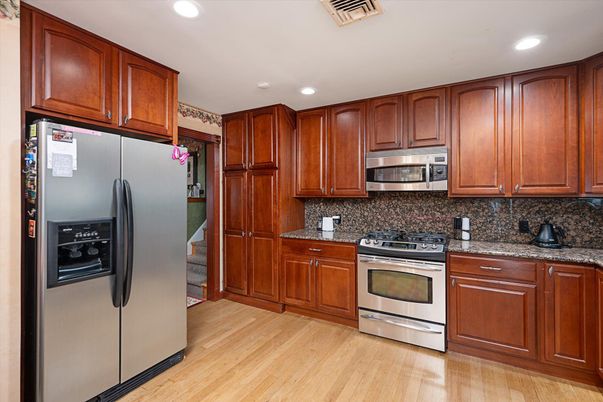Interior, Kitchen, Recessed Lighting, Stainless Steel Appliances, Wood Texture Flooring