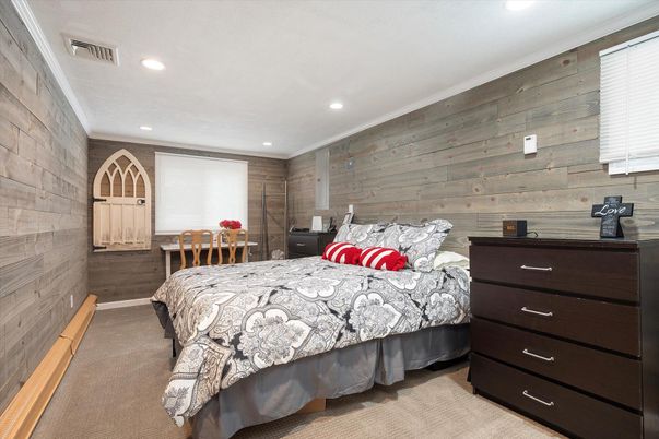 Bedroom, Interior, Recessed Lighting, Wooden Walls
