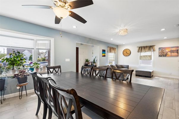 Dining room, Interior, Recessed Lighting, Wood Texture Flooring