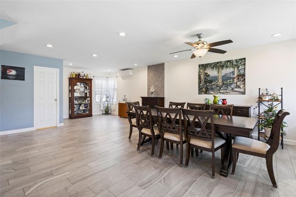 Dining room, Interior, Recessed Lighting, Wood Texture Flooring