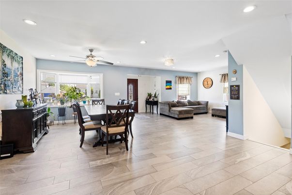 Dining room, Interior, Living room, Recessed Lighting, Wood Texture Flooring