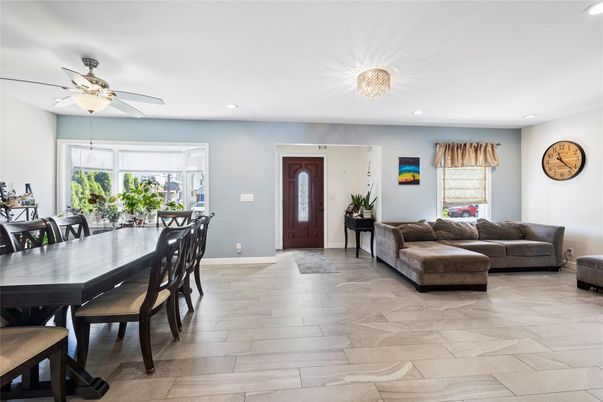 Dining room, Interior, Living room, Recessed Lighting, Wood Texture Flooring