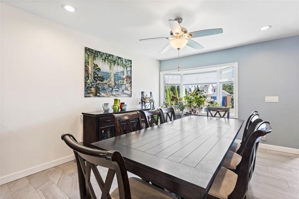 Dining room, Interior, Recessed Lighting, Wood Texture Flooring