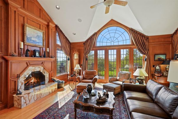 Fireplace, Interior, Living room, Recessed Lighting, Wood Texture Flooring, Wooden Walls