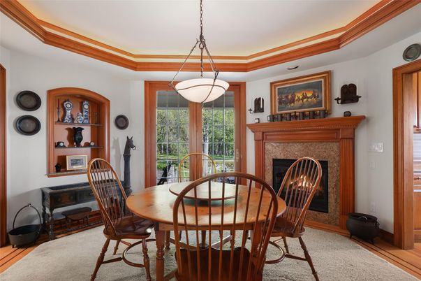 Dining room, Fireplace, Interior, Pendant Lights