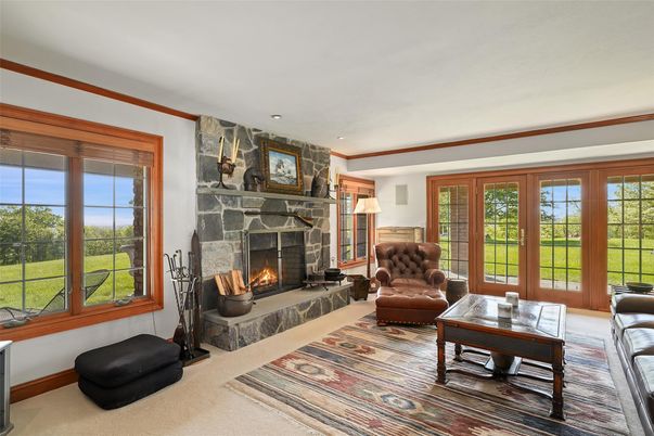 Fireplace, Interior, Recessed Lighting, Stone Walls