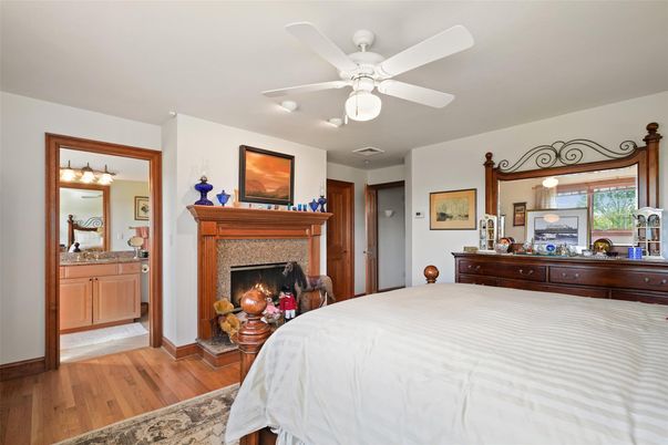 Bedroom, Fireplace, Interior, Wood Texture Flooring