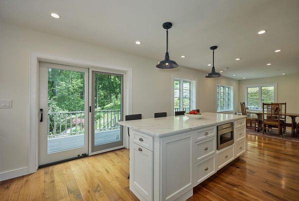 Dining room, Interior, Kitchen, Pendant Lights, Recessed Lighting, Wood Texture Flooring