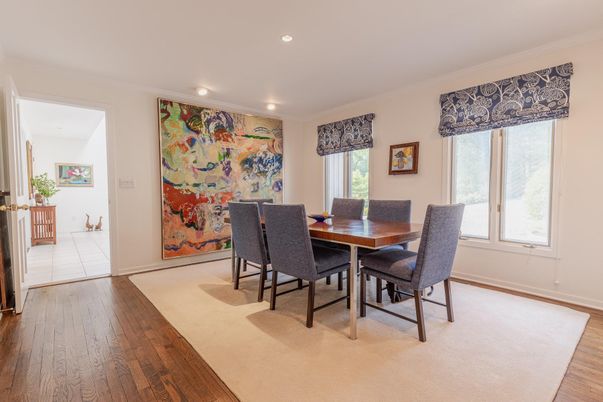 Dining room, Interior, Recessed Lighting, Wood Texture Flooring