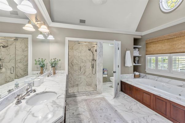 Bathroom, Dual Sink Vanities, Glass Shower, Interior, Marble, Marble Walls