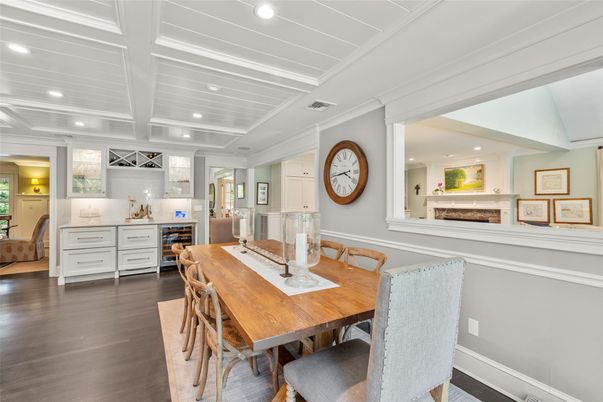 Dining room, Fireplace, Interior, Kitchen, Recessed Lighting, Wood Texture Flooring