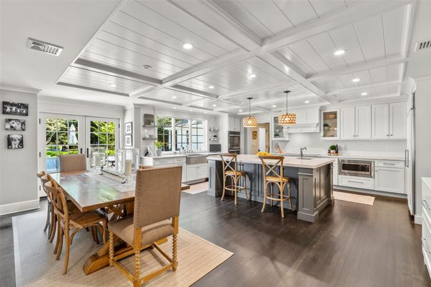 Dining room, Interior, Kitchen, Pendant Lights, Recessed Lighting, Wood Texture Flooring