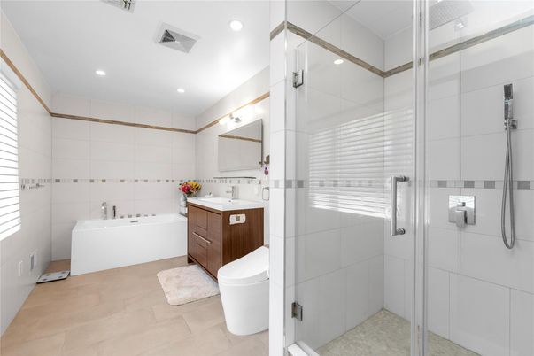 Bathroom, Dual Sink Vanities, Glass Shower, Interior, Recessed Lighting
