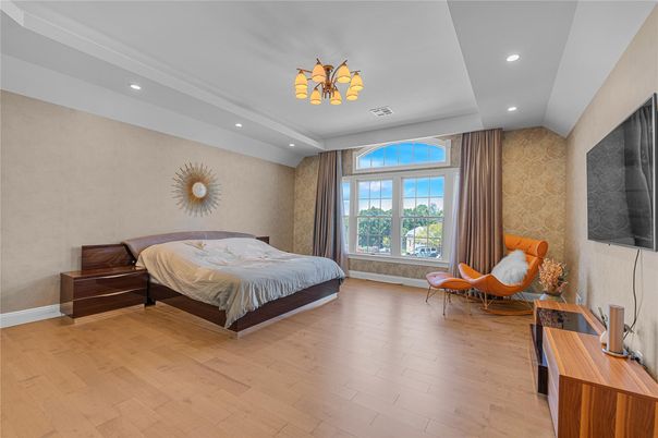 Bedroom, Interior, Recessed Lighting, Wood Texture Flooring