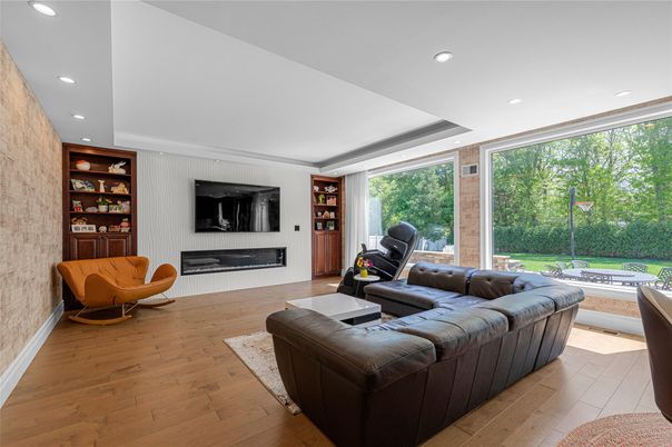 Fireplace, Interior, Living room, Recessed Lighting, Wood Texture Flooring