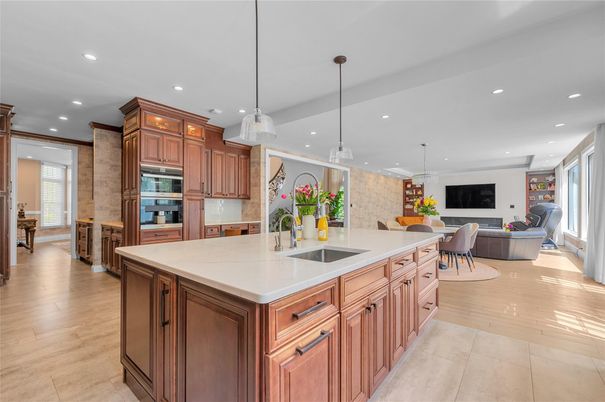 Dining room, Fireplace, Interior, Kitchen, Living room, Pendant Lights, Recessed Lighting, Stainless Steel Appliances, Wood Texture Flooring