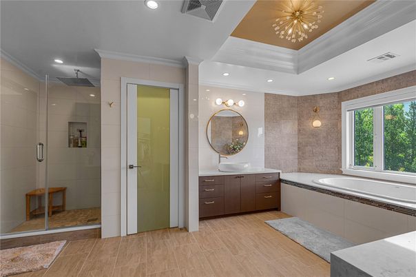 Bathroom, Glass Shower, Interior, Recessed Lighting, Wood Texture Flooring
