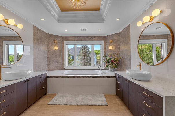 Bathroom, Dual Sink Vanities, Interior, Recessed Lighting, Wood Texture Flooring