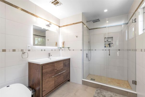 Bathroom, Glass Shower, Interior, Recessed Lighting