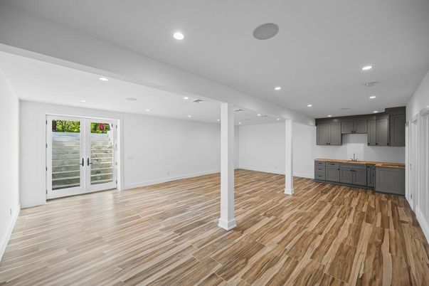 Empty room, Interior, Kitchen, Recessed Lighting, Wood Texture Flooring