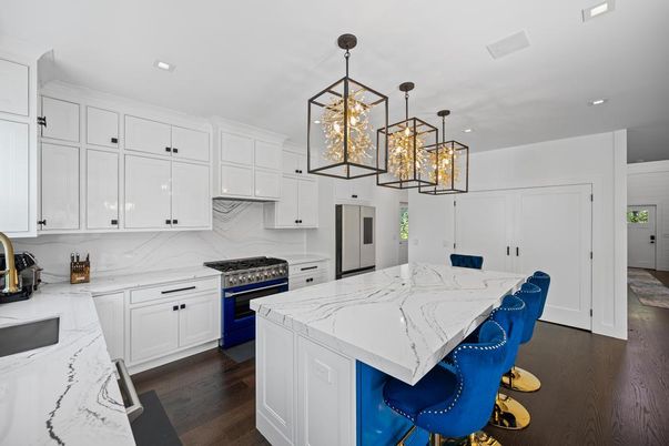 Interior, Kitchen, Marble Walls, Pendant Lights, Recessed Lighting, Stainless Steel Appliances, Wood Texture Flooring