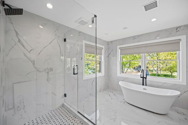 Bathroom, Free Standing Baths, Glass Shower, Interior, Marble, Marble Walls, Recessed Lighting