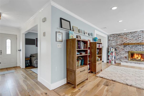 Fireplace, Interior, Recessed Lighting, Stone Walls, Wood Texture Flooring