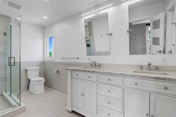 Bathroom, Dual Sink Vanities, Glass Shower, Interior, Recessed Lighting
