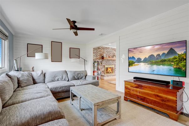 Fireplace, Interior, Living room, Stone Walls, Wood Texture Flooring