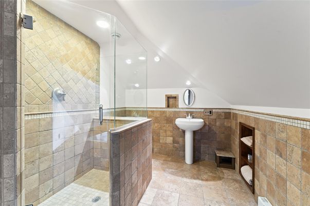 Bathroom, Glass Shower, Interior, Recessed Lighting, Stone Walls