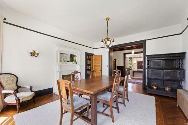 Dining room, Fireplace, Interior, Pendant Lights, Wood Texture Flooring