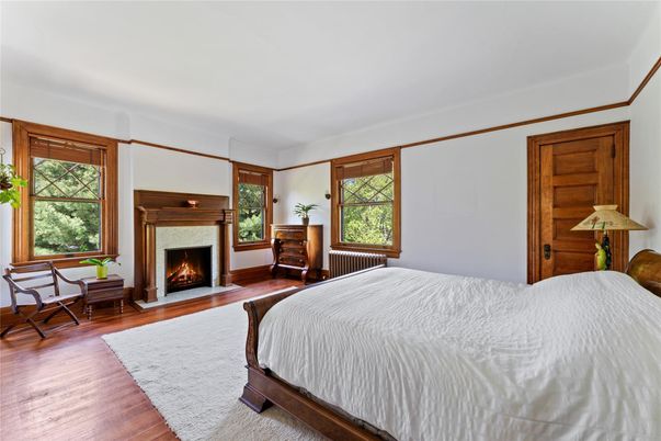 Bedroom, Fireplace, Interior, Wood Texture Flooring
