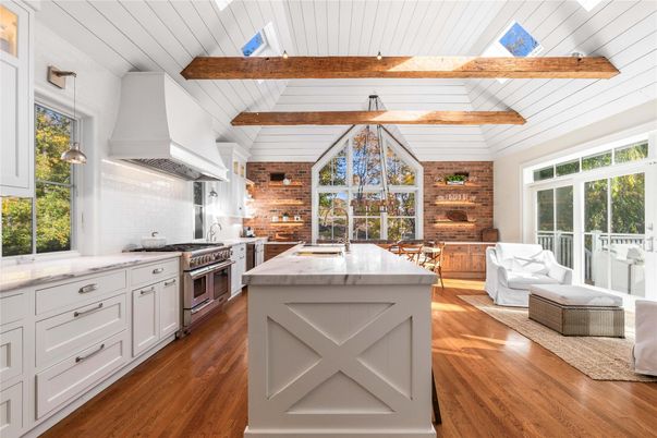 Interior, Kitchen, Pendant Lights, Stainless Steel Appliances, Stone Walls, Wooden Beams, Wood Texture Flooring