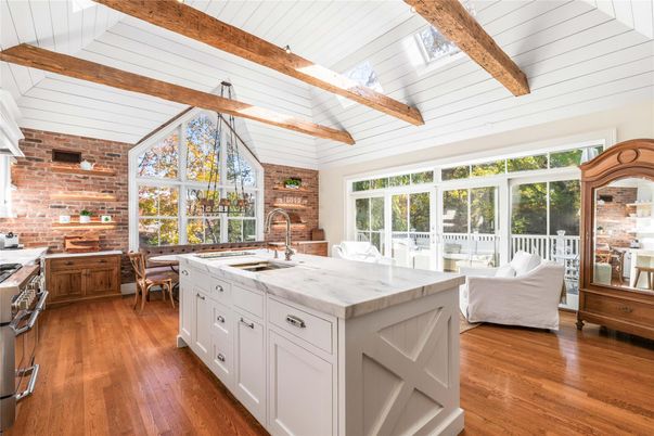 Interior, Kitchen, Stone Walls, Wooden Beams, Wood Texture Flooring
