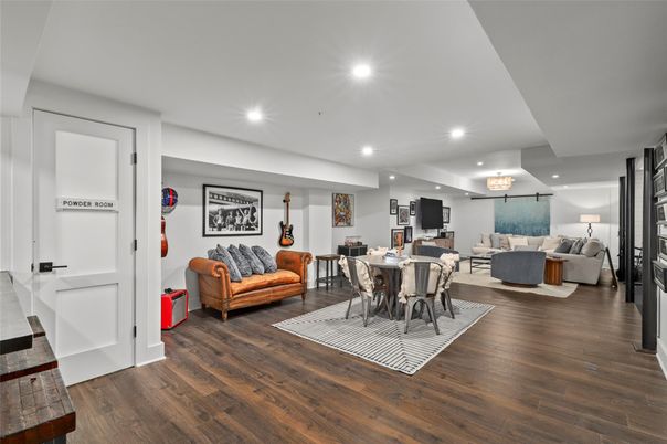 Dining room, Interior, Living room, Recessed Lighting, Wood Texture Flooring