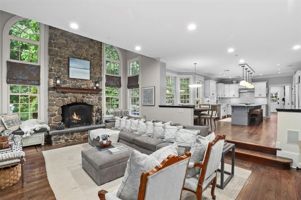 Dining room, Fireplace, Interior, Kitchen, Living room, Pendant Lights, Recessed Lighting, Stainless Steel Appliances, Stone Walls, Wood Texture Flooring