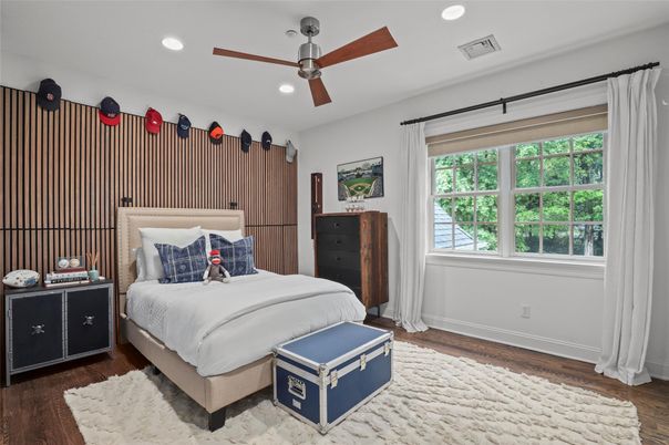 Bedroom, Interior, Recessed Lighting, Wood Texture Flooring