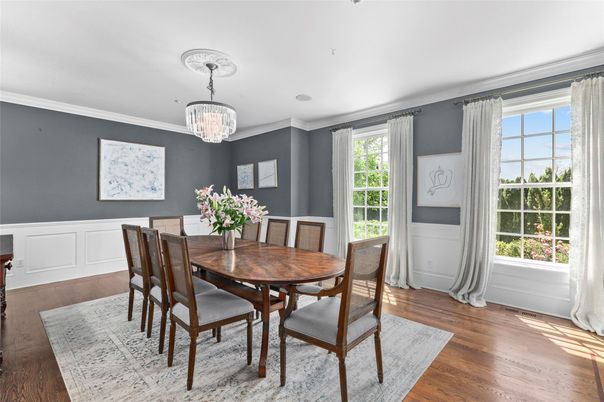 Chandelier, Dining room, Interior, Wood Texture Flooring